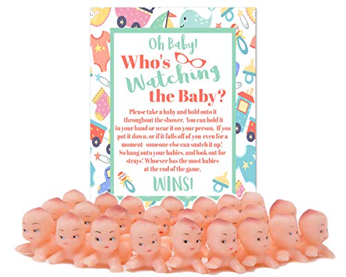 Whos Watching The Baby Shower Game for 24 Players with Plastic Babies and Instruction Sheet (Caucasian)