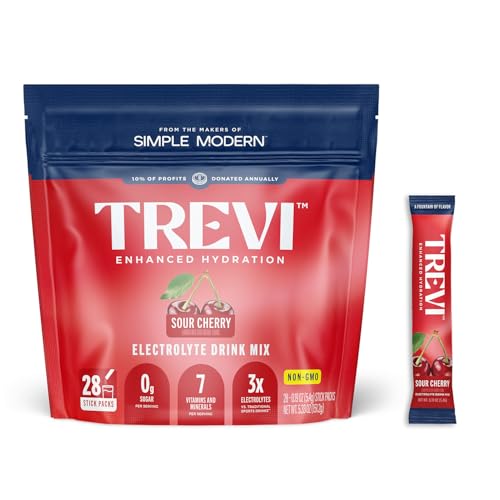 Image of TREVI Electrolytes Powder Packets Sugar Free Hydration Sour Cherry 28 Count | Essential Daily Drink Mix, 0 Sugar, Magnesium, Potassium, Vitamin C, Calcium, B6 & B12 Vitamins