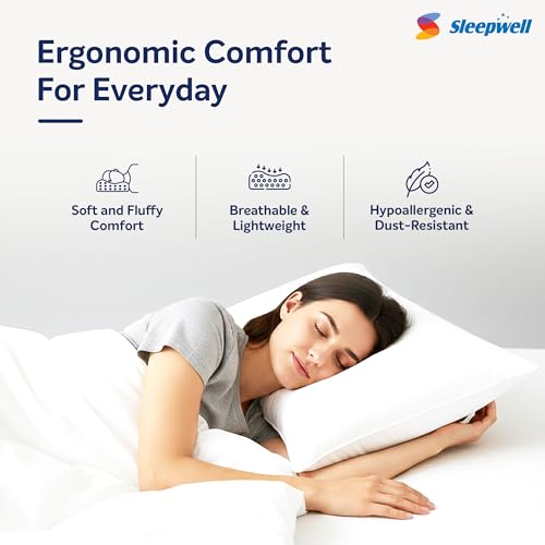Image of Sleepwell Umang L Pillow | Conjugate Fibre | Neck Support & Pressure Relief | Hypoallergenic & Dust Resistant | Medium Soft Firm | Lightweight & Breathable | Machine Wash | 24x16 Inch | Pack of 2