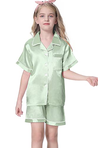 Image of Umeyda Women & Girls Pajamas Set, 2 Piece PJS Satin Silk Sleepwear Button-Down Top with Shorts for Mom Kids Gifts
