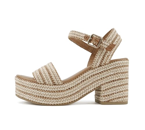 Soda Women's Castle Jute Open Toe Ankle Strap Platform Wedge (Natural Raffia, 8)