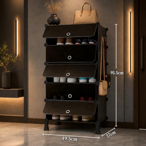 Image of AYSIS Premium Foldable Plastic Shoe Rack for Home, ๐ ๐๐จ๐จ๐ซ ๐ ๐๐ก๐๐ฅ๐, Magnets, 5 Hook Steel Holder, Shoe Organizer, Portable Space Saving Storage for Entryway, Bedroom & Living Room, Black