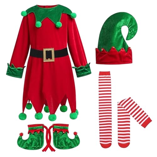 Peosaard Costume di Natale, Costume da Elfo per Bambini Simpatico Elfo di Natale con Cappello, Scarpe, Cintura, Calzini a Righe per Ragazze di 5-6 Anni, Costumi