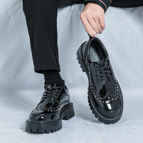Platform Wingtip Oxford Shoes with Studded for Men's Patent Leather Wingtip Chunky Heel Lug Sole Non Slip Business Derby Oxfords for Dating Party Prom Wedding Causal Work Office Shoes4