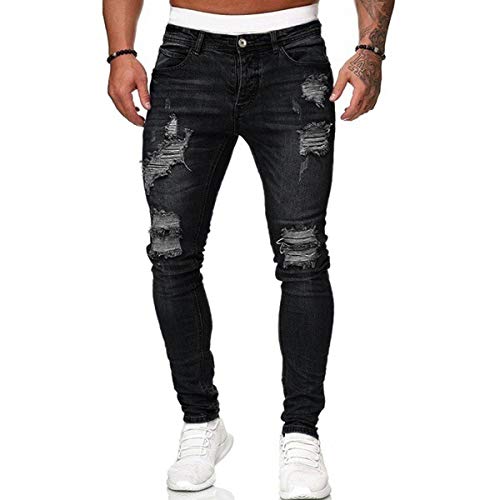 Siyova Vaqueros de hombre casuales con cordones, pantalones vaqueros de corte medio, vaqueros ajustados para hombre, pantalones largos skinny elásticos, para hombre, azul y negro, Negro , M Cover