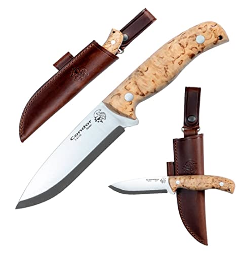 J&V CONDOR - Fixed Blade Knife for Survival Bushcraft Field Hunting Fishing, Blade 4.5'', Stainless Steel MOVA 1.4116, Sheath, Made in Spain, Birch