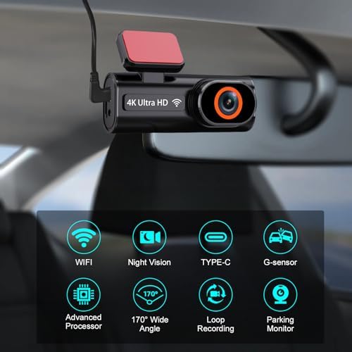 Bild 1 - Dashcam Auto Vorne Hinte, 4K+1080P Dual Kamera mit 5GHz WLAN GPS und 24/7 Parküberwachung für maximale Sicherheit durch ADAS Nachtsicht & 170° Weitwinkel - Inkl. 64GB SD Karte (4K Front)