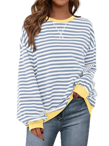 Image of PRETTYGARDEN Womens Striped Oversized Sweatshirt Color Block Crew Neck Long Sleeve Casual Loose Pullover Top Y2K Clothes