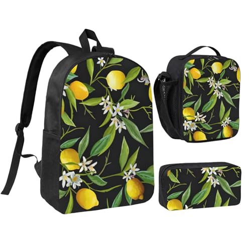 Cartables motif citron et fleur ensemble 3 en 1 avec sac à déjeuner et trousse