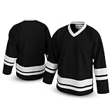 UNLC Classic Blank Hockey Jersey with Stripes – Authentic Stitched, Breathable Mesh and Durable Polyester, Black, Medium