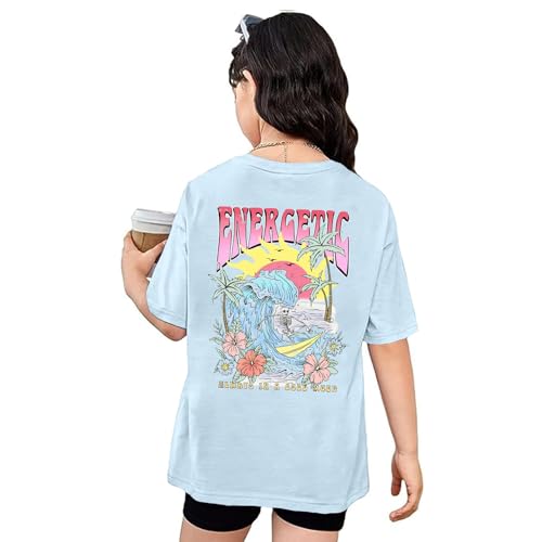 Image of KEEVICI Cute Girls Graphic Tees Beach Kids Hawaiian T Shirt Summer Cotton Letter Print Short Sleeve Shirts Vacation Tops