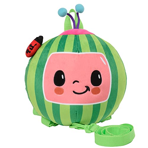 ai accessory innovations cocomelon plush watermelon toddler backpack with detachable safety leash, anti-lost safety harness 10” bag for kids