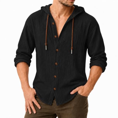 Men's Cotton Linen Hooded Button Down