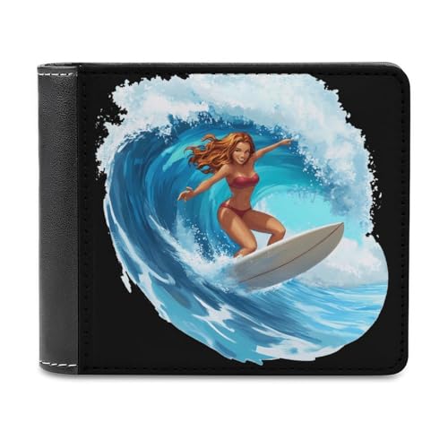 Ocean Surfing Woman Bifold Wallet PU Leather Front Pocket Slim Credit Card Holder Coin Purse for Women Men
