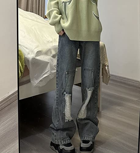 Women Teen Girl High Waisted Flare Wide Leg Baggy Distressed Boyfriend Jeans Y2K Fashion Ripped Jeans2