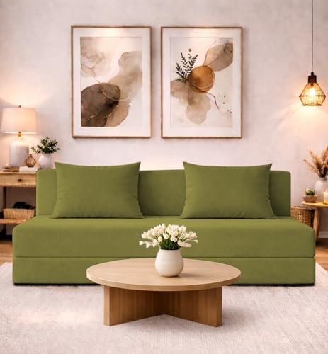 Image of Adorn India Easy 4 Seater Sofa Cum Bed | Velvet Fabric | Light Green | Plain Design | 6x6 Ft | Comfortable Seating | Washable Cover | Perfect for Home & Office