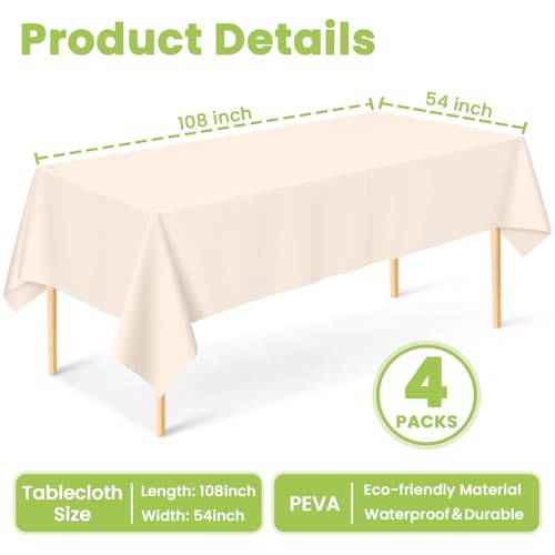 Image of Mulbozy 4 Pcs Ivory Plastic Table Cloth Disposable, 54 x108 Inch, Beige