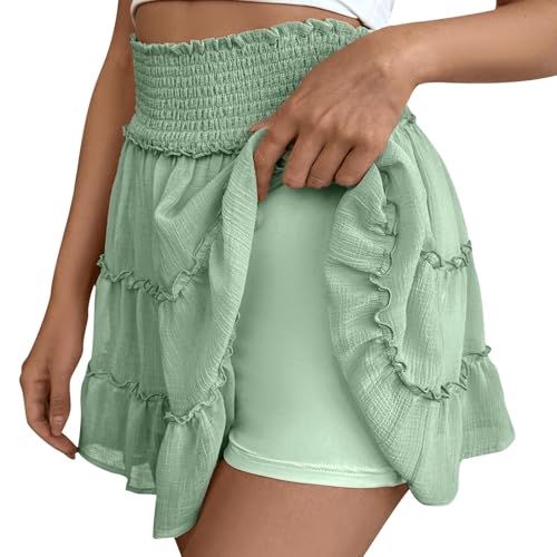 Women's Flowy Skirt With Elastic High Waist And Chafing Design Ruffle Solid Color Casual Summer Outfits Mini Skater