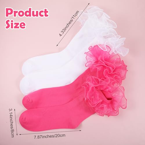 Women Big Ruffle Socks 2 Pairs Double Lace Turn Cuff Ankle Socks Adult Cotton Frilly Dress Cute Bobby Sock with Ruffles for Woman Cotton Ruffled Dress Crew Sock (White Hot Pink)2
