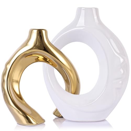 LCCCK White and Gold Ceramic Vases for Home Decor, Boho Vase for Flowers Pampas Grass Decorative, White Gold Hollow Donut Small Vase for Living Room Table Wedding Centerpiece Modern Vases