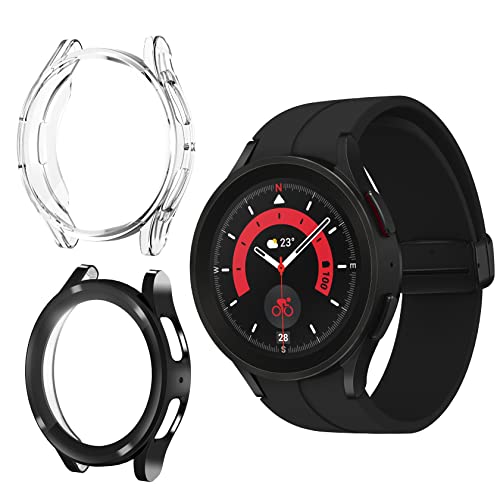 ToVioc Funda para Samsung Galaxy Watch 5 Pro 45mm Protectora Todo Incluido, [2 Piezas] [Flexible TPU] [Anti-Rasguños] Cáscara Protectora para Samsung Galaxy Watch 5 Pro 45mm - Negro & Transparente