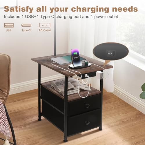 Image of PESRAE Floor Lamp with Table & 2 Drawers, End Table with Lamp, Natural Wood | Charging Station with USB, Type-C & AC Outlet; 9W LED Bulb with 3 Color Temperatures for Bedroom, Living Room & Home Office