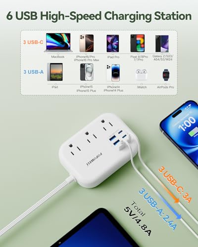 Regleta de energía con 6 puertos USB y 3 tomas, extensión de 3 pies con tapa plana, color blanco, marca popowell miniatura 2