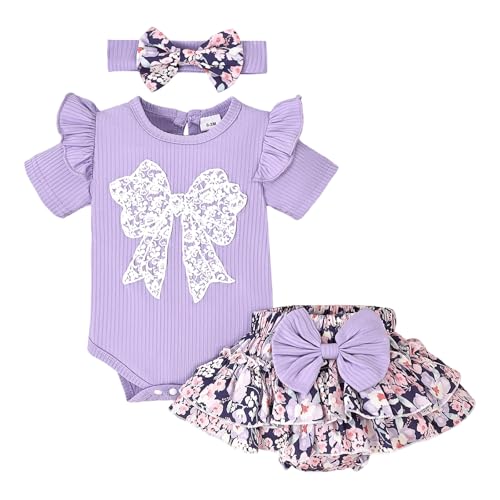 Image of Baby Girl Clothes Summer Outfits Newborn Ruffle Sleeve Romper Infant Flower Shorts Set with Headband 0-18 Months