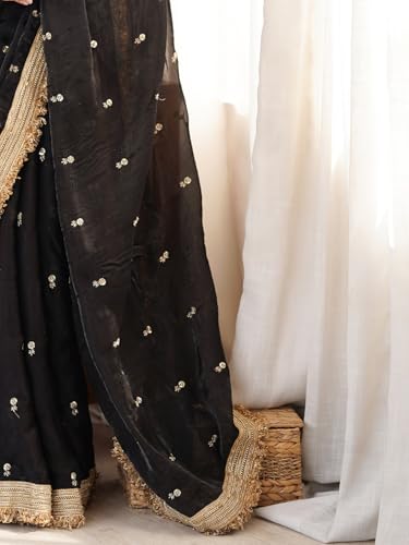 Image of AKHILAM Women's Shimmer Off White Georgette Sequence Embroidery Saree With Unstitched Blouse Piece