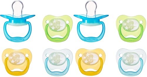 Image of Amazon Brand - Mama Bear Glow-in-The-Dark Baby Pacifier, Stage 1 (0-6M), BPA Free, Assorted Colors (Pack of 8)