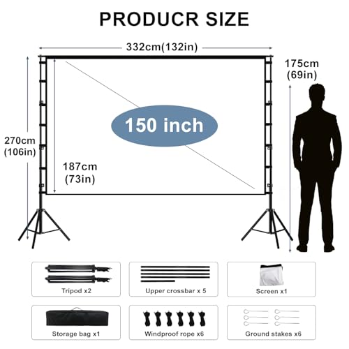 150" Portable Projector Screen with Stand, Foldable & Anti-Crease, HD 4K Movie Screen for Outdoor/Indoor Use, Home Theater, Parties & Business Presentations - Includes Carry Bag