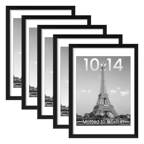 Image of upsimples 10x14 Picture Frame Set of 5, Display Pictures 8.5x11 with Mat or 10x14 Without, Wall Gallery Poster Frames, Black