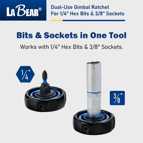 Image of LABEAR 360 Dual-Use Finger Ratchet, 3 /8 inch Drive & 1 /4 inch Hex Bit | Pocket-size control, dual-direction thumb switch, 5 swing arc, S2 steel tips, magnetized fit, compact blue storage holder