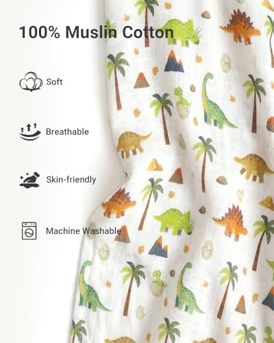 Image of Rquite Baby Boy Car Seat Cover, 100% Muslin Cotton Infant Carseat Canopy, Soft Breathable Stroller Sun Shade & Newborn Shower Gift, Large Size Universal Fit Summer, Hot & Warm Weather (Green Dinosaur)