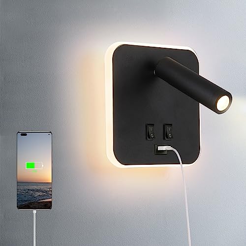 Image of USB Charging Port Wall Wash Light Black Bed LED with Interior Wall Adjustable Spotlight Reading lamp Wall lamp Bedroom Indoor Bedside Lamp 3000K (3W + 10W)