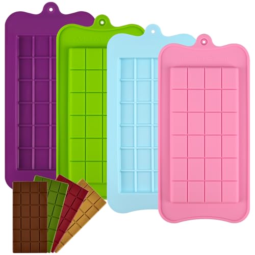 WMKGG 4 PCS Silicone Chocolate Bar Mold Set Break-Apart Chocolate Bar Mold 24-Cavity Pink Green Blue Purple
