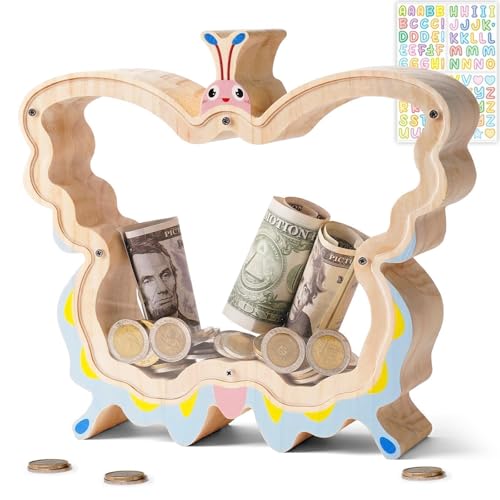 Image of Wooden Butterfly Piggy Bank for Kids, Butterfly Money Bank for Girls, Unbreakable Toddler Piggy Banks for Girls, DIY Kids Coin Bank with Stickers, Birthday Gifts, Educational Toy, Home Decor