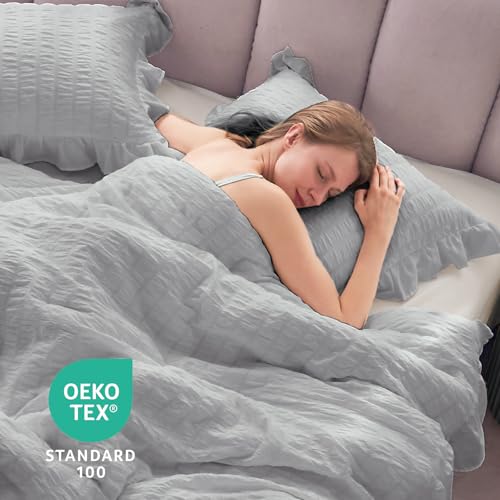 JOLLYVOGUE Light Grey Twin Size Comforter Set, 2 Pieces Seersucker Lightweight Fluffy Bedding Set, Twin Ruffle Comforter, All Season Soft Microfiber Shabby Chic Bed Set