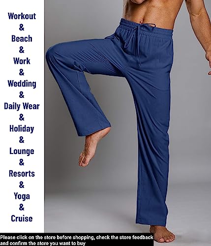 Enjoybuy Mens Summer Cotton Linen Long Casual Pants Elastic, 02-Blue, Size Large3