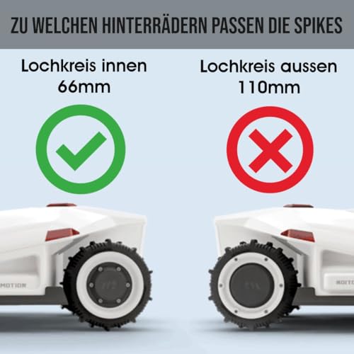 Spikes für MAMMOTION LUBA 1/2 / 2X – Edelstahl - Entgratet- 12x Edelstahl Schrauben- Traktionsverbesserung für Mähroboter – Rasenmäher Roboter - 66mm Lochkreis - für Antriebsräder hinten