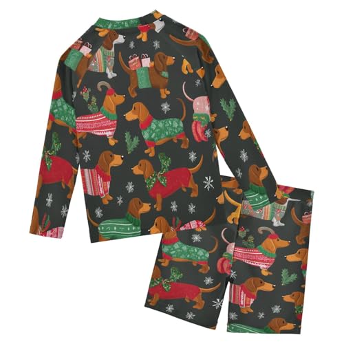 Dachshund Holly Leaf Snow Boys Swimsuit Rash Guard Toddler Kids Long Sleeve Swim Shirt and Trunks Swimwear Set 3-10Y2