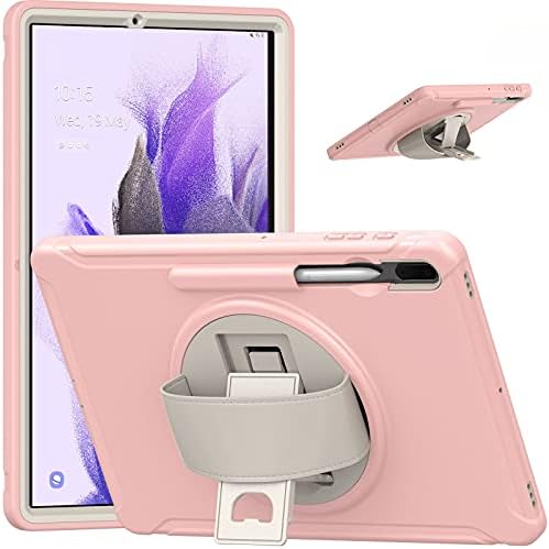 Junfire Samsung Galaxy Tab S8 Plus / S7 FE 12.4 Inch Case 2022/2021, Galaxy Tab S7 Plus Tablet Case with Pen Holder Rotating Hand Strap Stand, Protective Rugged Case for S8+/S7+/S7 fe-Pink