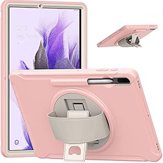 Junfire Samsung Galaxy Tab S8 Plus / S7 FE 12.4 Inch Case 2022/2021, Galaxy Tab S7 Plus Tablet Case with Pen Holder Rotating Hand Strap Stand, Protective Rugged Case for S8+/S7+/S7 fe-Pink