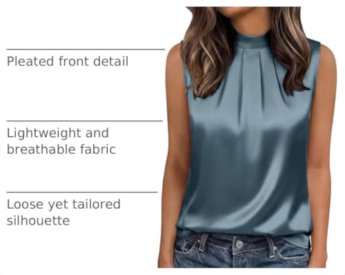 Image of Funlingo Women's Silk Satin Tank Tops Mock Neck Camisole Dressy Sleeveless Blouse Business Casual Pleated Summer Shirts 2026