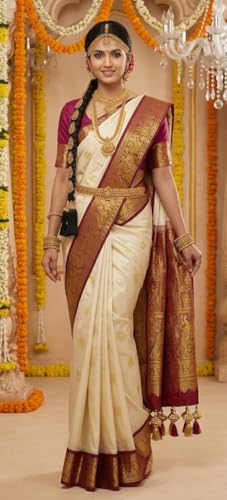 Image of VFCollections Women's Kanchipuram Silk Bridal Pure Pattu Cream White Sarees With Blouse