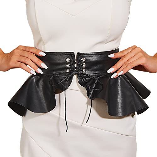 Thereisno Wide Peplum Belt Black Dress - Decorative Women's Corset Belt With Leather Ruffle Skirt Waistband Cummerbunds