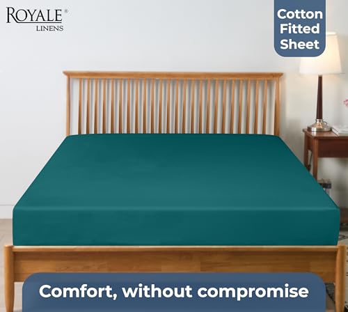 Image of Royale Linens 100% Organic Cotton Fitted Sheet - Percale Weave - Super Soft Deep Pocket Bottom Sheets - Elastic Sheet King Cal Size - California King Fitted Sheets Only - (72 inchx84 inch+15 inch, Teal)