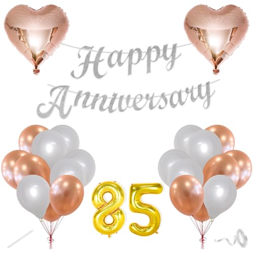 Image of Flyloons 85th Happy Anniversary Decoration Items Rose Gold White for Men Women Husband Wife Mom Dad Parent Couple Home Bedroom Car With 20 Pcs Metallic Balloons Anniversary Banner 2 Pcs Heart Set Kit