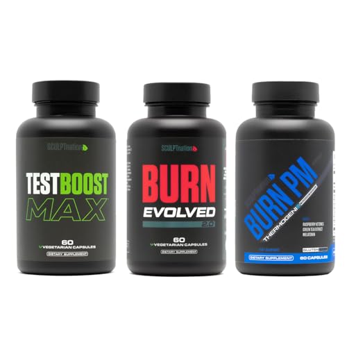 Sculpt Nation by V Shred T-Boost Max Burn Day and Burn PM with Ashwagandha Cayenne Green Coffee and Melatonin 3 Pack 60 Capsules Each
