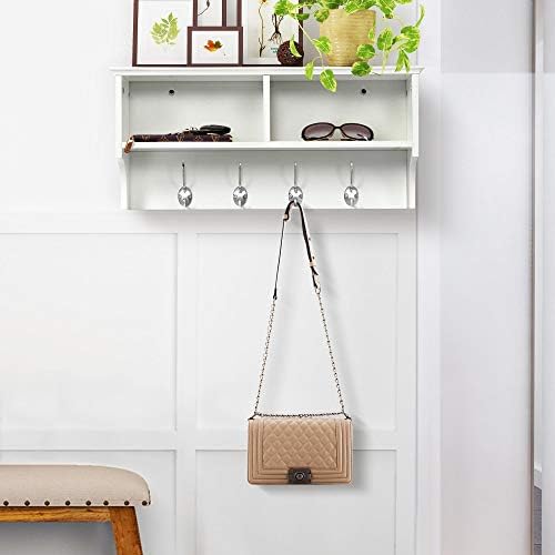 Yaheetech Wooden Hallway Wall Coat Hook with 2 Open Storage Shelves Wall Mounted Coat Hooks Storage Unit with 4 Double Hooks Hallway Organiser, 60x20x27cm, White